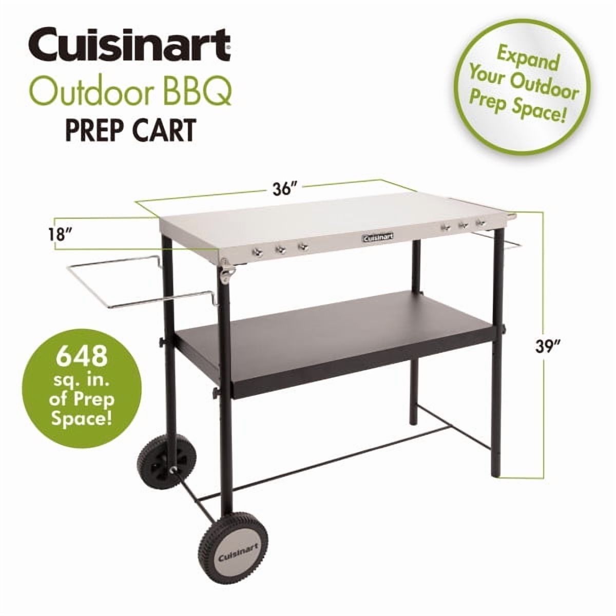 Cuisinart Outdoor BBQ Prep Cart, Stainless Steel Portable Grill Table with Wheels, Grill Cart with Adjustable Storage Shelf, Tool Hooks, Trash Bag & Paper Towel Holder