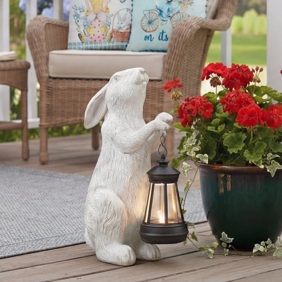 Solar White Bunny Garden Statue Holding Lantern