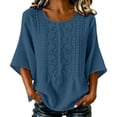 thumbnail image 2 of thefmos Women Summer Boho Linen Tops 3/4 Sleeve Round Neck Embroidery Casual Loose Pullover Blouses Solid Fall Fashion Tunic, Navy M, 2 of 9