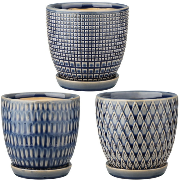 3 Pcs Ceramic Flower Planter Pots 4 Inch with Drainage Hole and Ceramic Tray for Succulents Cactus Indoor Outdoor Garden Home Windowsill Blue