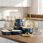 Gotham Steel Hammered 20 Pc Ceramic Cookware Set Nonstick, Induction Pots and Pans Set, Non Toxic Cookware Sets, Oven & Dishwasher Safe, Navy/Gold