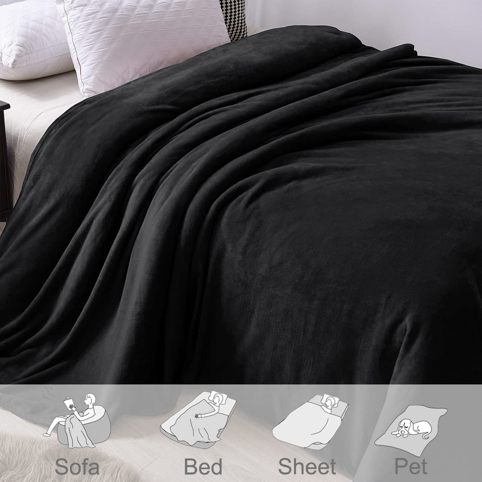 Exclusivo Mezcla King Size Flannel Fleece Velvet Plush Bed Blanket as Bedspread, Coverlet, Bed Cover (90"x104", Black)