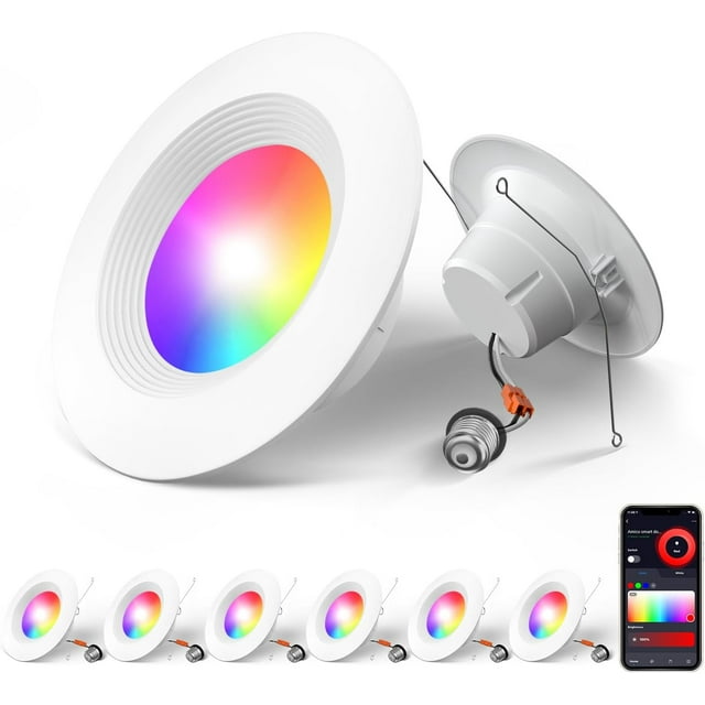 6 Pack 5/6 Inch Smart WiFi LED Recessed Can Lights, RGBCW Color Changing Retrofit Recessed Lighting, Baffle Trim, APP Control, Dimmer Compatible, 12W=110W 1100LM, IC & ETL