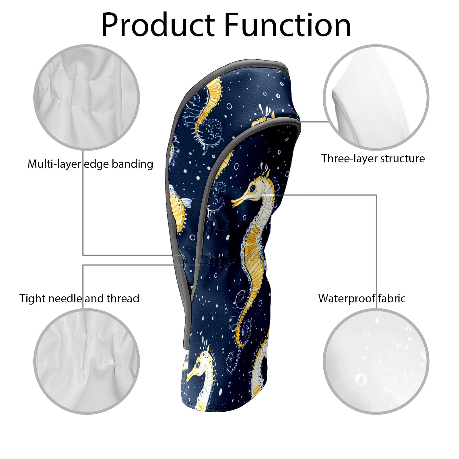 Golf Club Covers PU Leather Waterproof Head Covers for Fairway Woods Hybrids Golden Seahorse