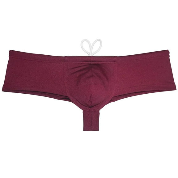 Botmois Men's Solid Nylon Brazilian Bikini Boxers Thong Swimwear Drawstring Swimsuit Shiny Cheeky Swim Boxer Briefs Swim Trunks Wine Red XL