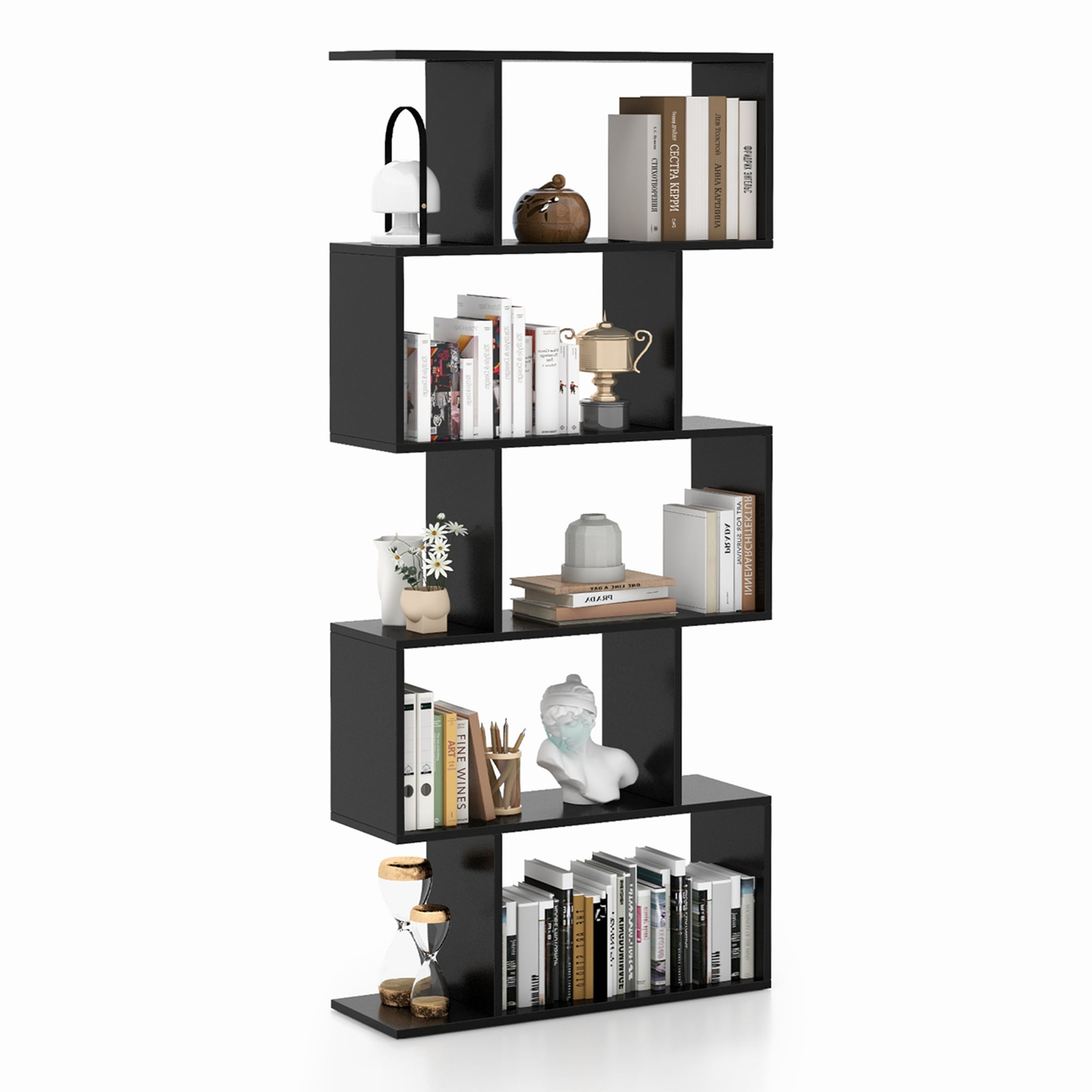 Costway 5-Tier Bookshelf Geometric S-Shaped Bookcase Room Divider Storage Display Shelf Black