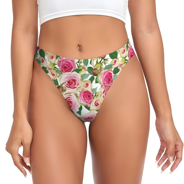 Fotbe Rose Flowers Tanga Sin Costuras para Mujer con Estampado – Panties Invisibles, Transpirables y Cómodos para Uso Diario-Large