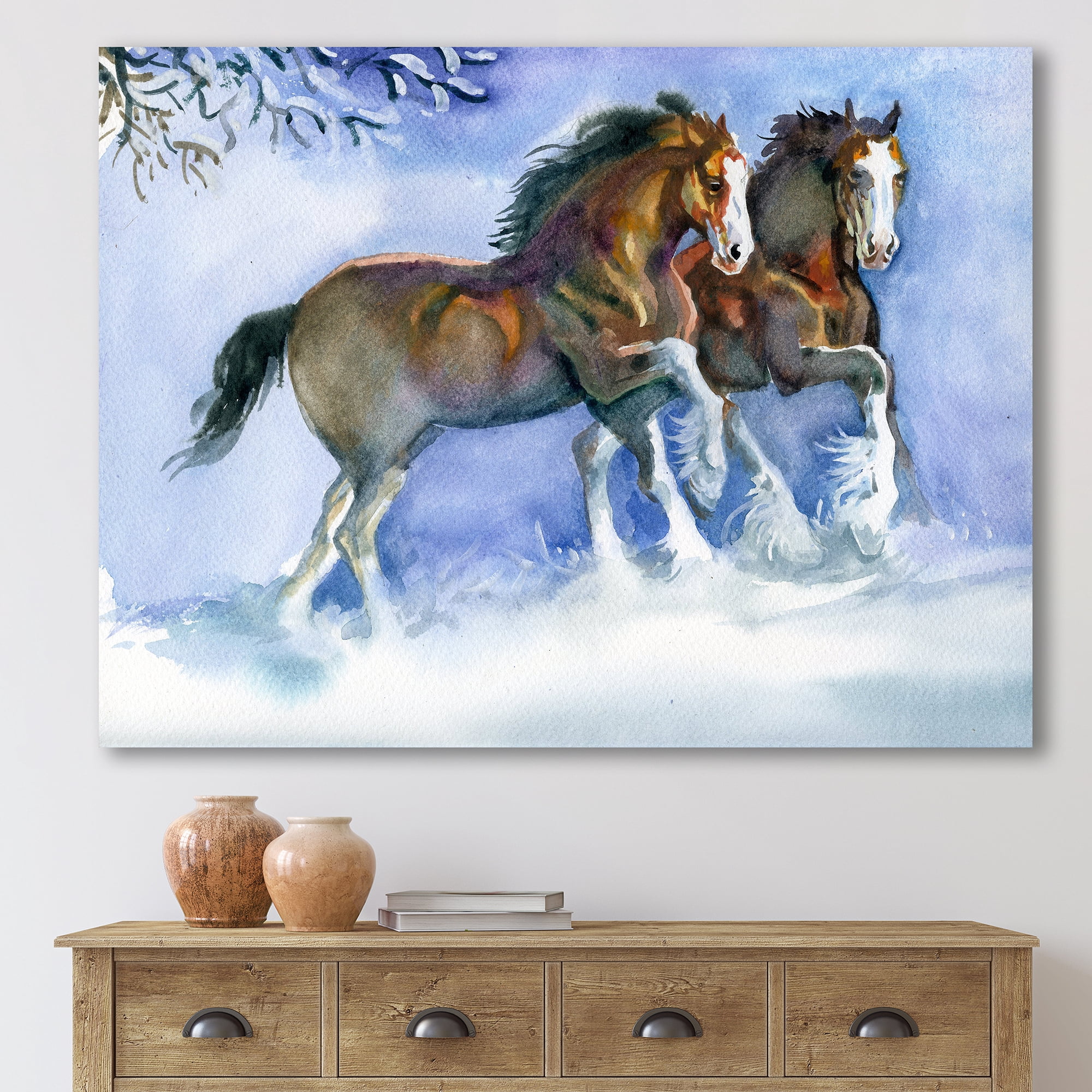 Designart ' Horses Running In Winter On Blue ' Farmhouse Canvas Wall Art Print