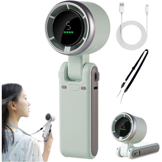 Regularlyk Portable Handheld Turbo Fan, 5 Gear Wind N607 Handheld Turbo Fan, Foldable Portable Handhelds Fans, USB Rechargeable HandheldFan for Outdoor Activities, Travel, Working (Green Set)