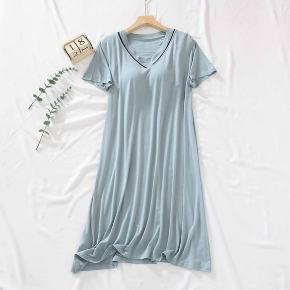 PNTUTB Summer Women's Solid Color Soft V Neck Short Sleeve Relaxed Comfortable Nightgown with Built-in Pads