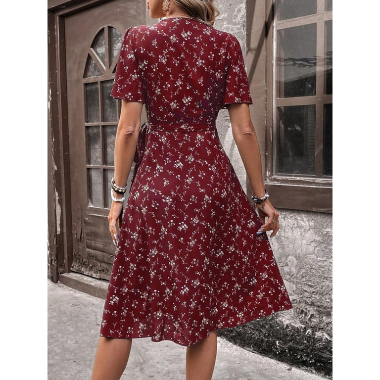 burgundy floral wrap dress Ditsy With V-Neck Short Sleeves And Side Slit Maxi Vacation Beach Outfit offering a flattering fit Slim-Fit Stardust Black | Black Farbic order - Choose size:10 yards / 9.0 meters