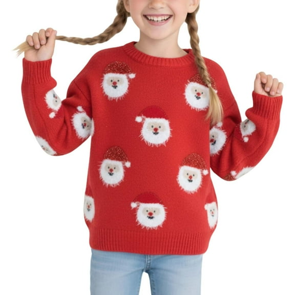 FAOWME Big Girls Sweater Knit Long Sleeve Round Neck Santa Claus Embroidery Comfortable Loose Fit Warm Top For Daily Wear Red 4-5 Years