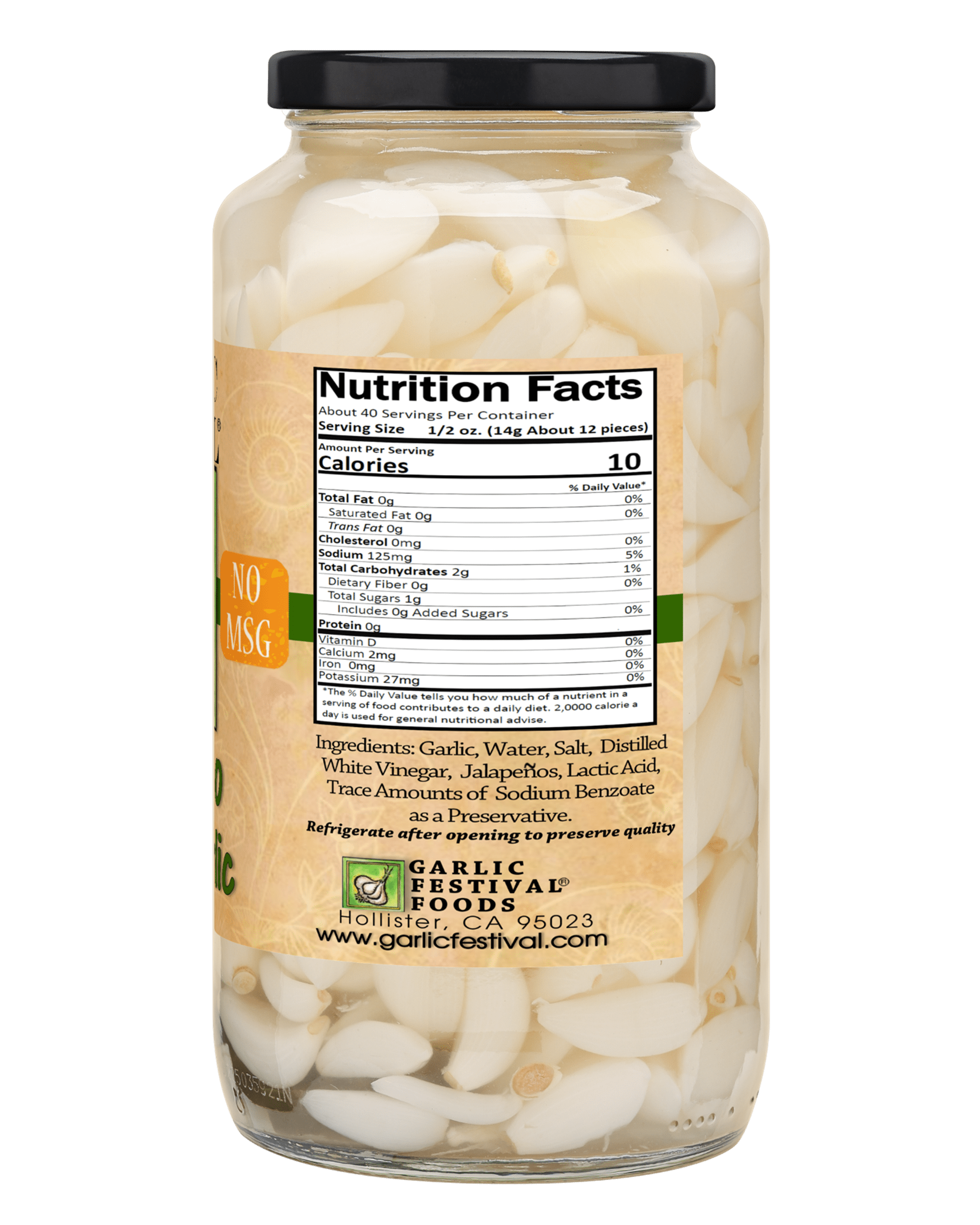 Garlic Festival Jalapeno Pickled Garlic Cloves in a Jar - Jalapeno Pickled Garlic - Fresh Garlic Cloves for Cooking - Freshly Made - Subtly Infused, Pre-Prepared Garlic - Net Wt. 32 oz.