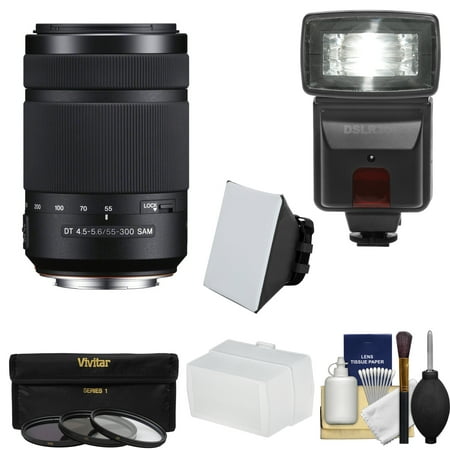 Sony Alpha A-Mount 55-300mm f/4.5-5.6 DT SAM Zoom Lens with Flash + 3 Filters + Diffusers + Kit for A37, A58, A65, A68, A77 II, A99