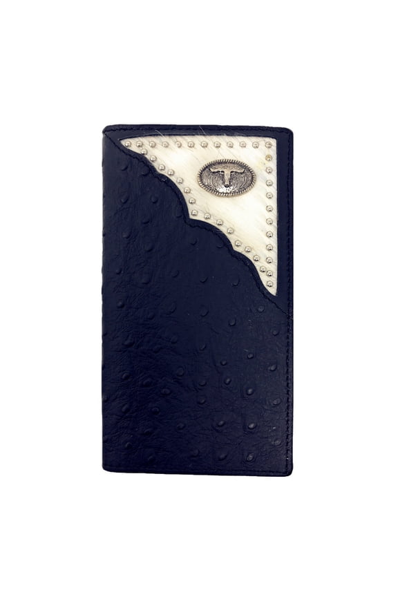 Western Mens Ostrich Genuine Leather Longhorn Long Cowhide Stud Bifold Wallet