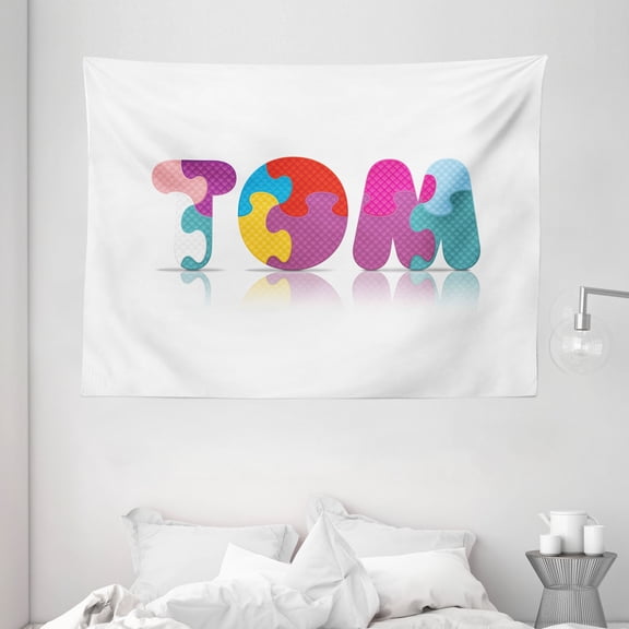 Tom Tapestry, Children Newborn Themed Colorful Boy Name Design Abstract Educational Puzzle Pattern, Wall Hanging for Bedroom Living Room Dorm Decor, 80W X 60L Inches, Multicolor, by Ambesonne