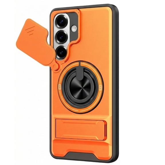 Dteck for Samsung Galaxy A26 5G Case with Invisible Stand Rotation Ring Grip, Magnetic Case Compatible with MagSafe, Camera Sliding Window Shockproof Phone Cover,Orange