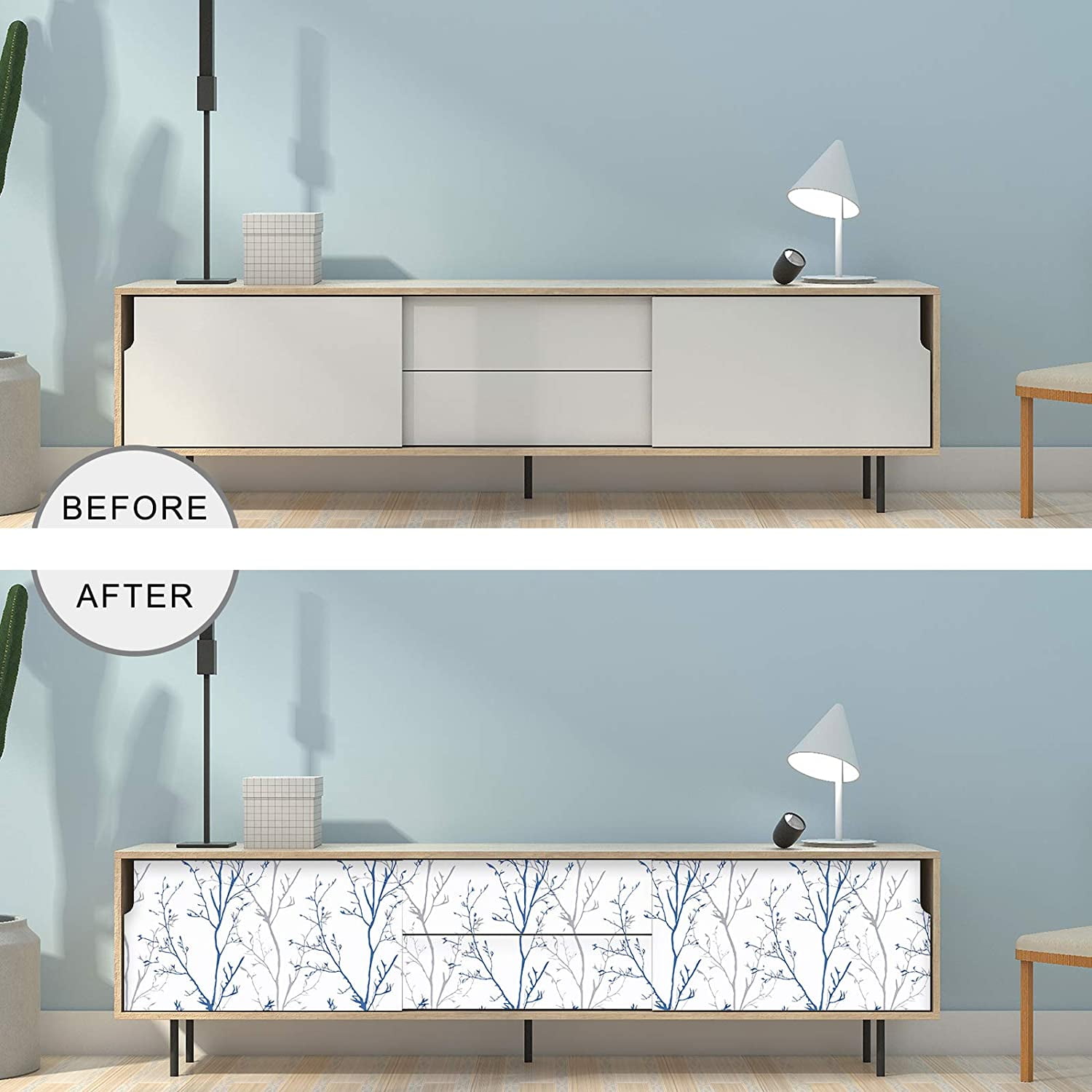 Caltero Peel and Stick Wallpaper Grey Blue Tree Branch Self Adhesive Wallpaper,17.7" x 590"