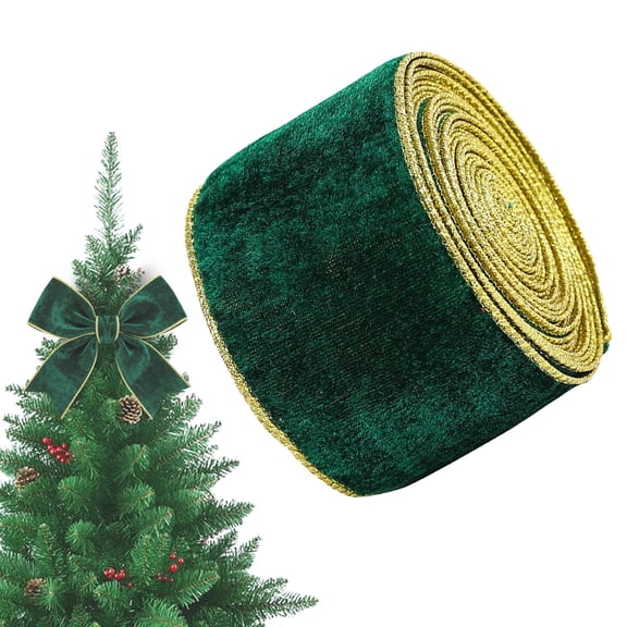 1 Roll Christmas Velvet Ribbon, 6cm Wide x 2 Meter Soft Plush Velvet Ribbon with Gold Edge for Christmas Gift Wrapping Wreath Tree Hair Bow DIY Decor, Clearance Dark Forest Green