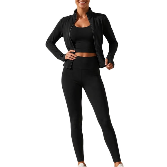 Workout Sets for Women 3 Piece High Waisted Seamless Leggings Crop Top Jacket Gym Yoga Outfit Stretchy Sports Bra Sets Black