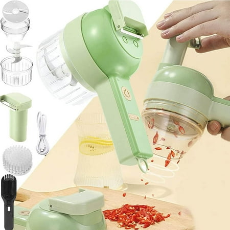 

All-in-1Vegetable Chopper Handheld electric vegetable cutter set includes 4 in 1 functions of slicing cooking peeling and cleaning brush