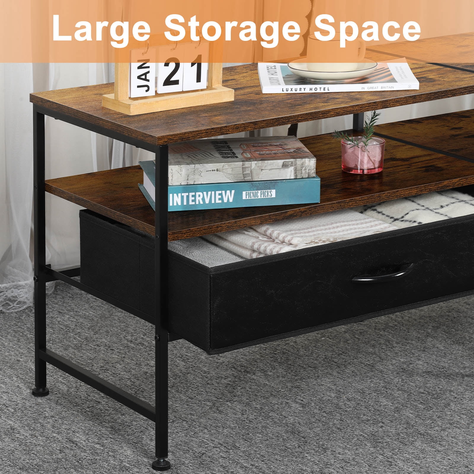 55"L Extended TV Cabinet Industrial TV Cabinet with Fabric for Living Room, Bedroom with Charging Stake Brown