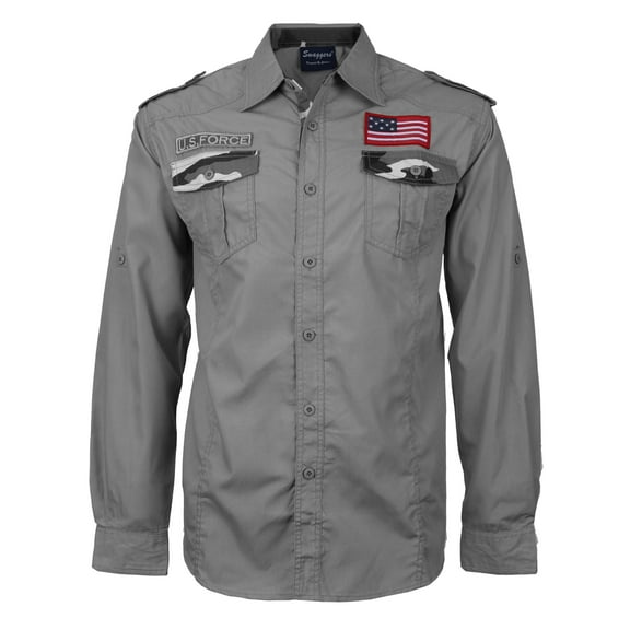 Men's US Military American Long Sleeve Button Up Camo Casual Dress Shirt (Solid Grey, L)