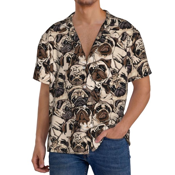Fotbe Pug Camisa Estampada de Manga Corta para Hombre, Casual de Verano, Estilo Playero, Sin Arrugas-Large
