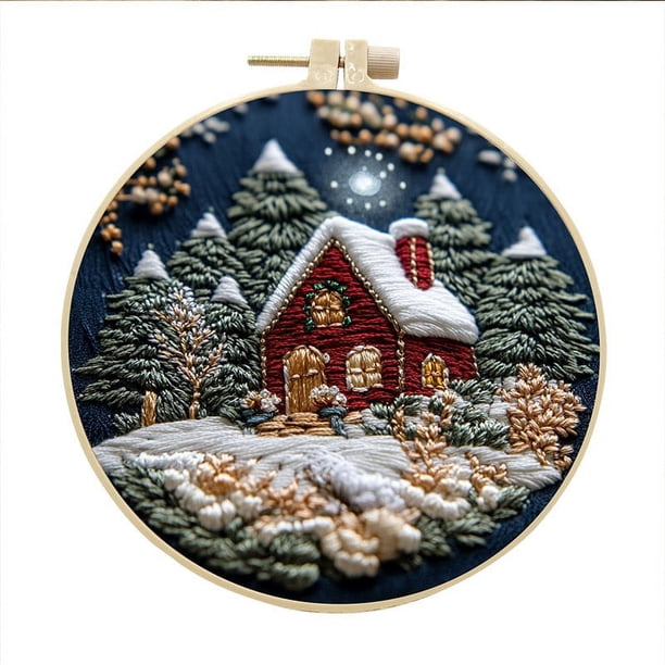 Ganfancp Kit de Bordado de Navidad con Aro de Bordado 2024 Nuevo Kit de Bordado Fácil para Principiantes y Adultos Pueblo Nevado de Invierno Kit Completo de Aro de Bordado con Agujas Ofertas Flash Ki