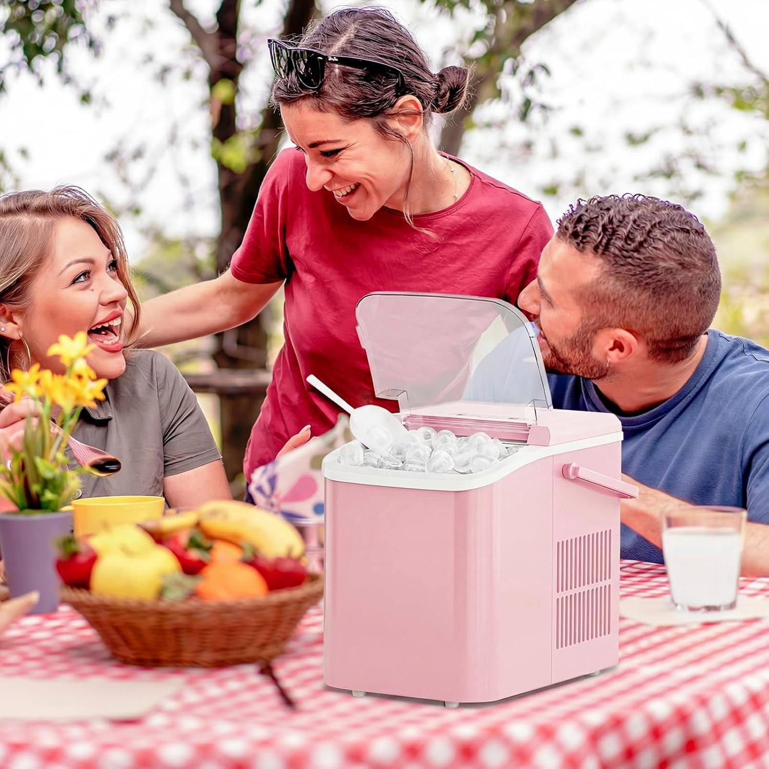 Portable Ice Maker Countertop Machine, Makes 9 Bullet Ice Cubes in 6 Minutes, 26lbs Daily, Auto-Cleaning, with Handle and Basket, for Home Kitchen RV Camping, White