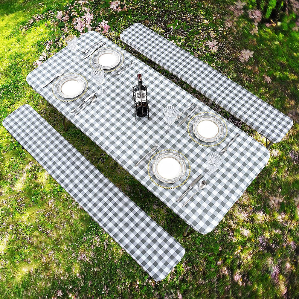 3 Piece Set Vinyl Fitted Picnic Table And Bench Seat Covers With