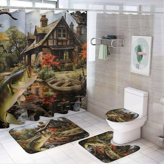 Rustic Hunting Theme Wood Board Shower Curtain Set 4 Pcs, Cabin Farmhouse Forest Animal Deer Fish Ducks Bathroom Curtains Non-Slip Rugs Bath Mat Toilet Lid Cover