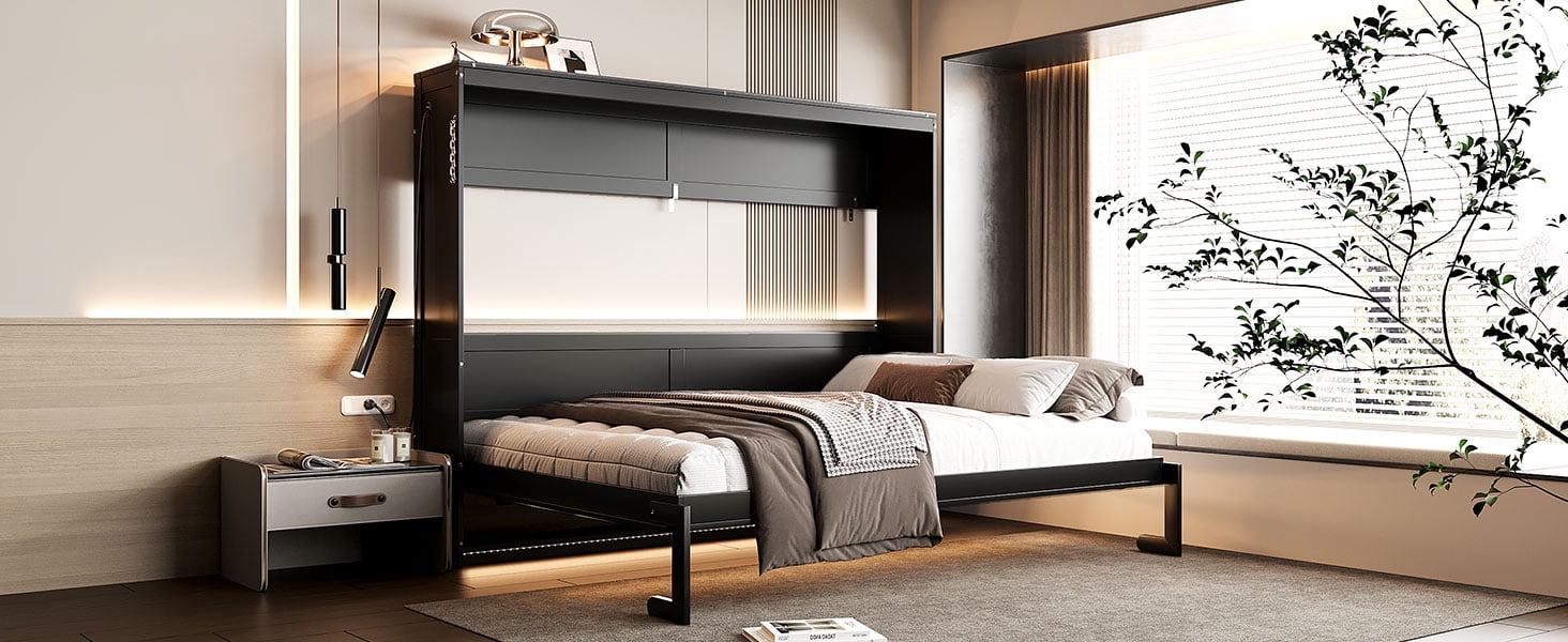 Mintazer Queen Size Murphy Bed with LED Lights & USB Port, Modern Folding Cabinets Bed with Gold Geometric Pattern for Home Office, Black
