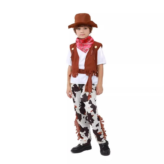 Unisex Khaki Kids Cowboy Costume Set - 6-Piece Western Outfit with Hat for Ages 4-14, Hall-oween Dress Up & Birthday Parties,Size 4-6T