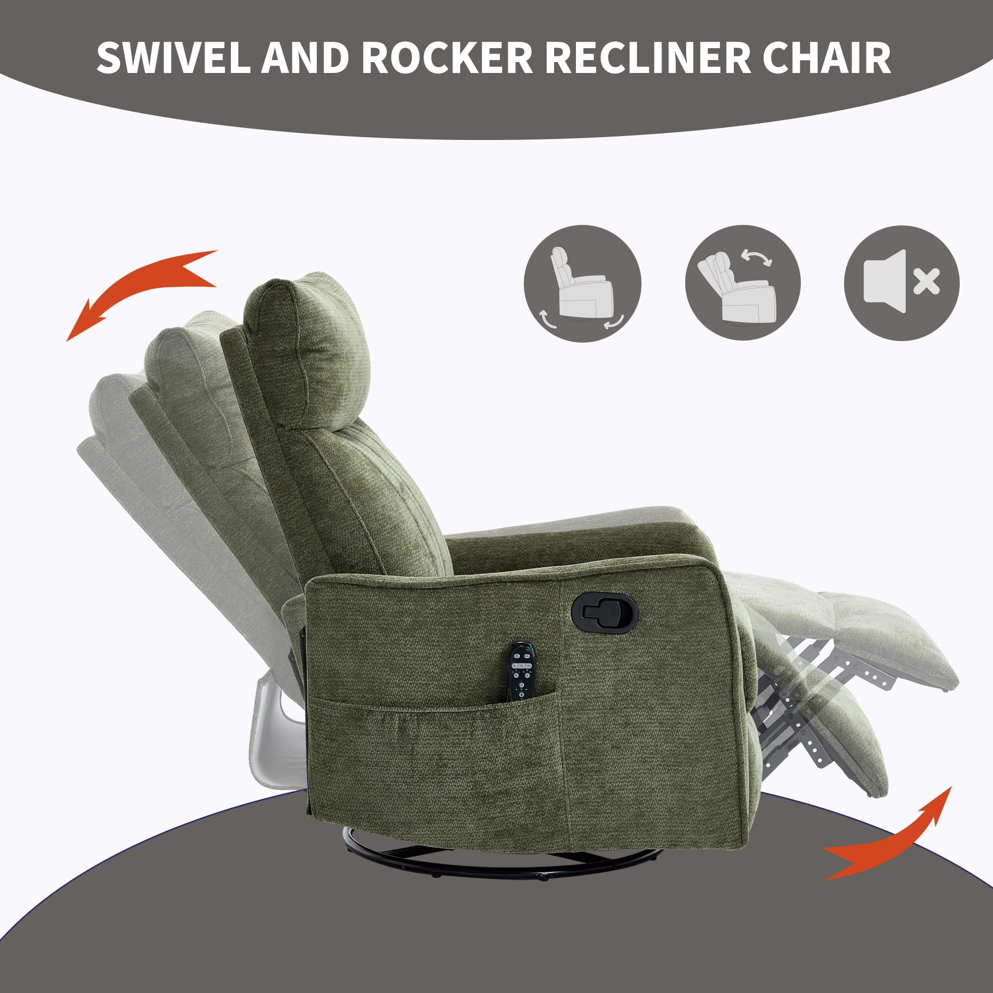 MAYEERTY 360° Swivel Rocker 155° Recline Chenille Heat Massage Recliner Chair for Living, Antique Green