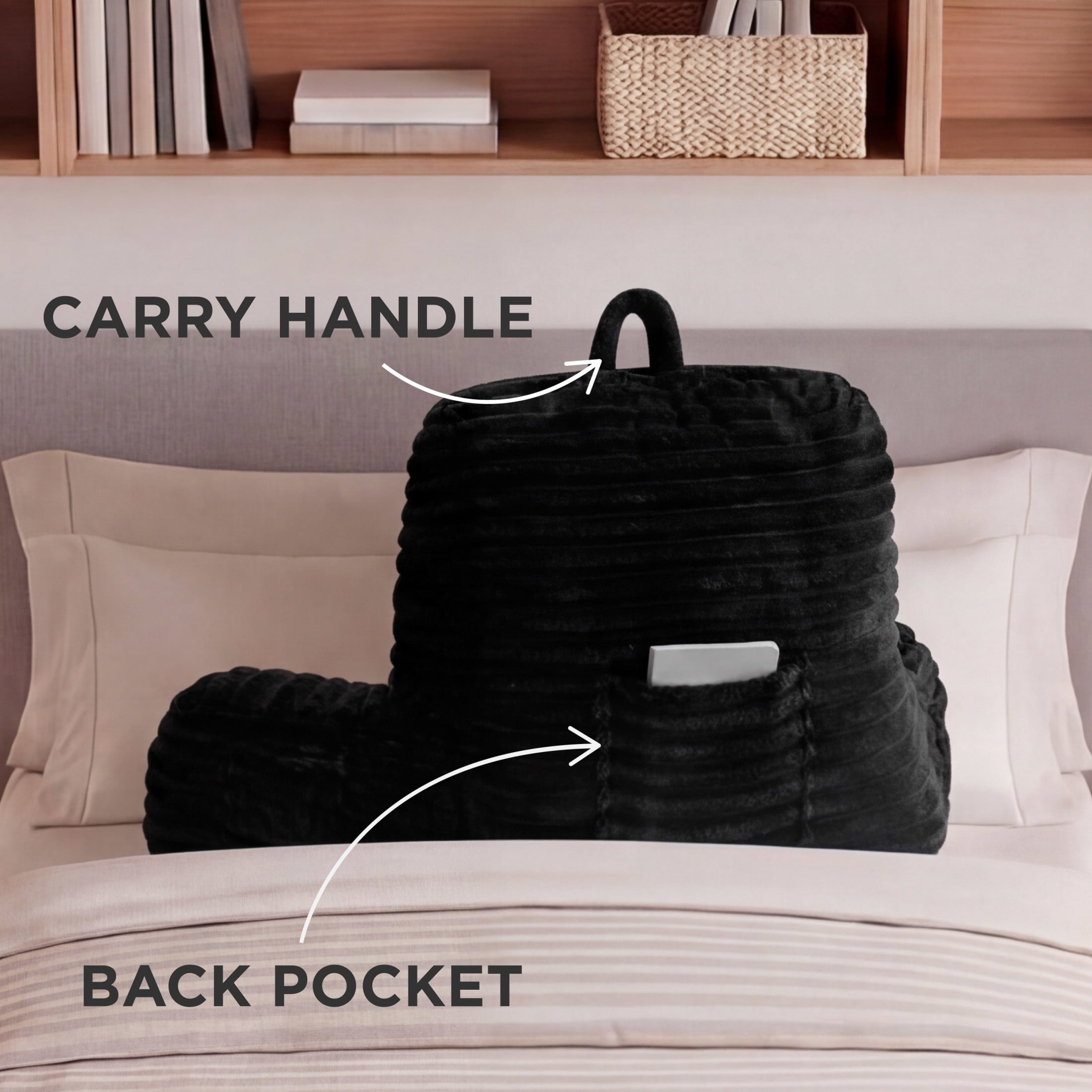 The Sheet Lab Ribbed Plush Backrest Pillow with Armrests, Black, 29 x 24.5 x 10.5 Inches