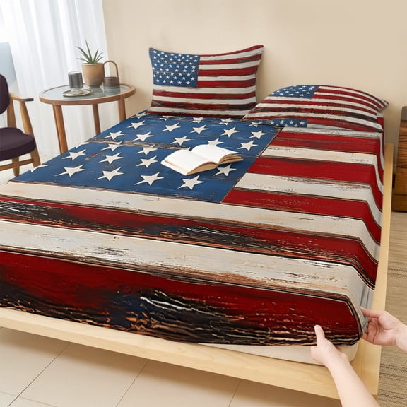 Full Size Fitted Sheet Set - Farmhouse American Flag 3 Piece Bedding Sets 16" Deep Pocket Fitted Sheet with 2 Pillowcases Blue Red USA Flag Vintage Brushed Microfiber Hotel Luxury Bed Sheets