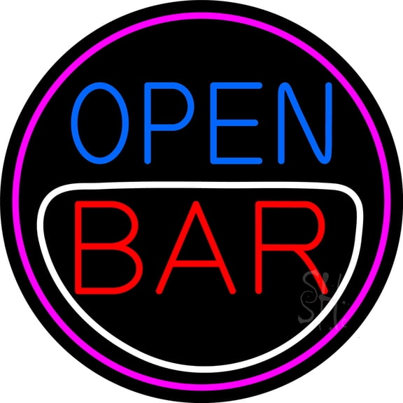 Round Bar Open LED Neon Sign 26 x 26 - inches, Clear Edge Cut Acrylic Backing, with Dimmer - Bright and Premium built indoor LED Neon Sign for Bar decor.
