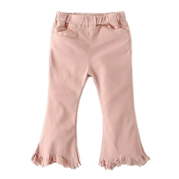 stylesilove Kids Girl Stretchy Pants With Frayed Hem (140/7-8 Years, Pink)