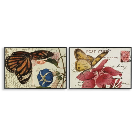 Stupell Industries Butterfly Accented Postcards Insects Painting Black Framed Art Print Wall Art, 18 x 12, Set of 2