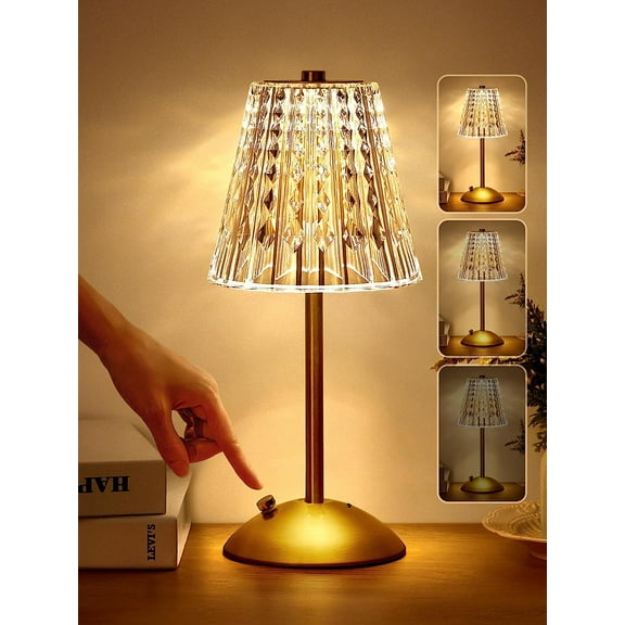 APPHOME Table Lamps, Dimmable Crystal Table Lamp 3 Colors LED Gold Lamp,Touch Lamp Diamond Crystal Lamp, Rechargeable Small Lamp, Cordless Lamp Bedside Lamp for Bedroom Living Room Bathroom Hotel Bar