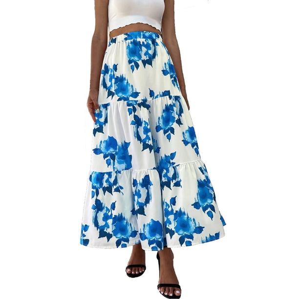 Gibobby faldas para niña con estampado Floral bohemio de cintura alta para mujer de verano, faldas largas informales con columpio fluido para la playa(Azul, XXL)
