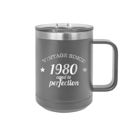 

Vintage Since 1980 Aged to Perfection - Engraved Coffee Mug with Handle Cup Unique Funny Birthday Gift Graduation Gifts for Women 40th Birthday forty over the hill hilarious 1980 (15 oz Mug Grey)