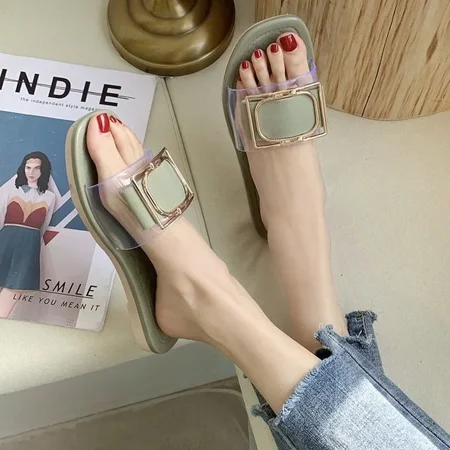 On Beach Slides Outside Soft Women s Slippers and Ladies Sandals Word Shoes Open Toe Transparent Flat Normal Luxury Unique Pvc G