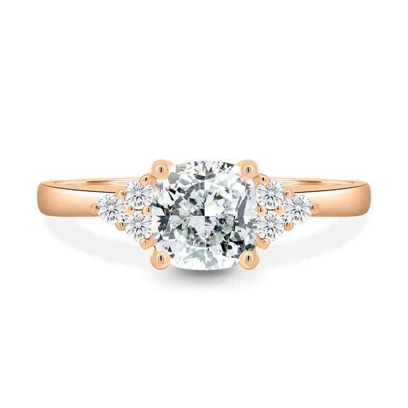 2.00Ct Cushion Cut Moissanite Accent Engagement Ring, Round Side Stones, 14K Rose Gold, US 4.5