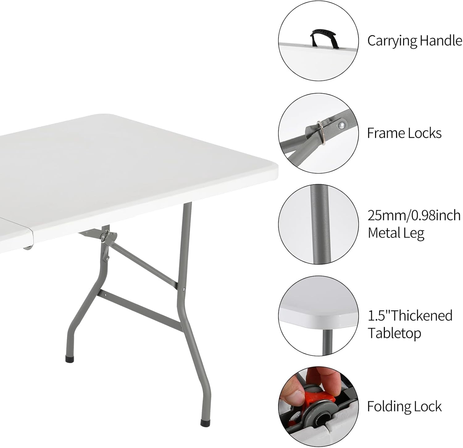 Table Pliante Rectangulaire 180 Cm - Blanc - Pour Jardin, Camping, BBQ, Mariage - Plateau Plastique Solide - Cadre Métal - Portative Et Facile à Ranger - 5