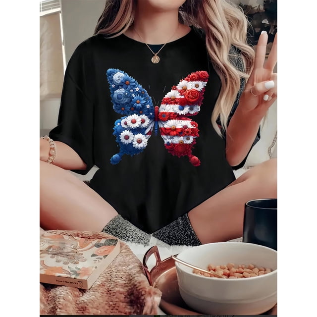 1pc Women'S Fashion Floral Butterfly Print T-Shirt, Casual Crew Neck Short Sleeve Top, Polyester Knit Fabric with Medium Stretch, Patriotic American Flag Design, Comfortable Summer Tee for All Season