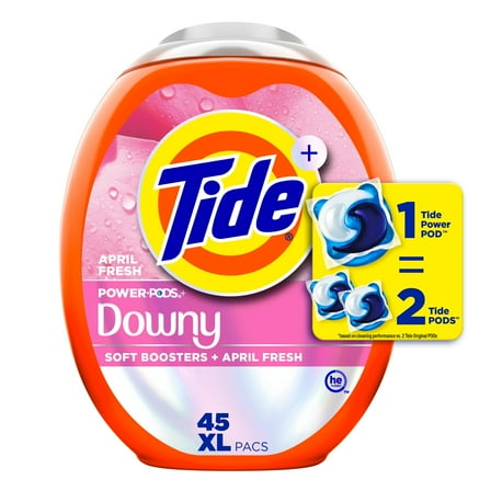Tide Power PODs 2-in-1 Laundry Detergent Pacs with Downy Soft Boosters, Lasting Freshness with April Fresh Scent, HE Compatible, 45 Count, Tide Laundry Detergent
