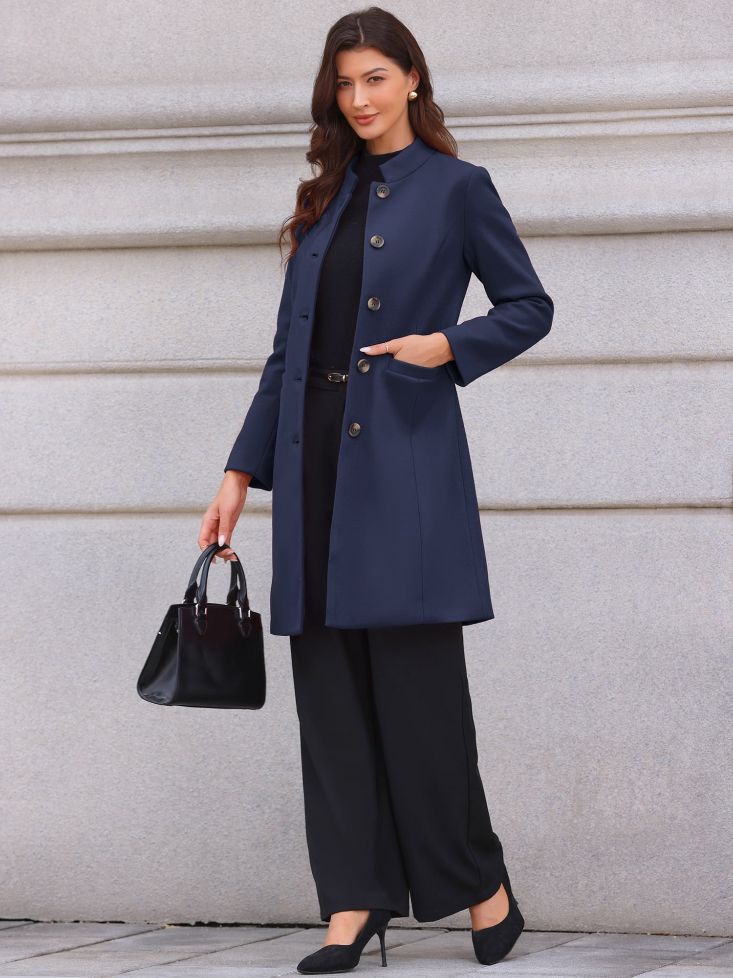 DARING DIVA Women's Stand Collar Mid-Length Overcoat with Pockets XL Navy Blue