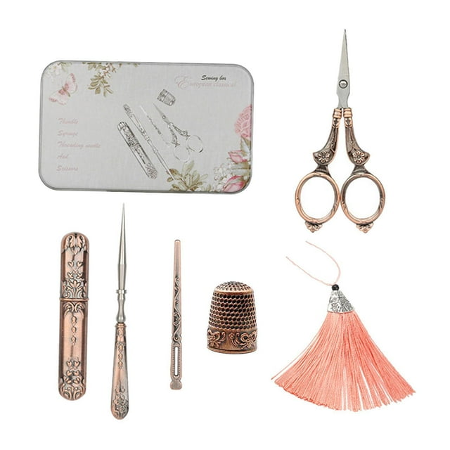 Juego de 5 herramientas de costura, tijeras vintage, aguja, botella, dedal, kits de costura para Corte real